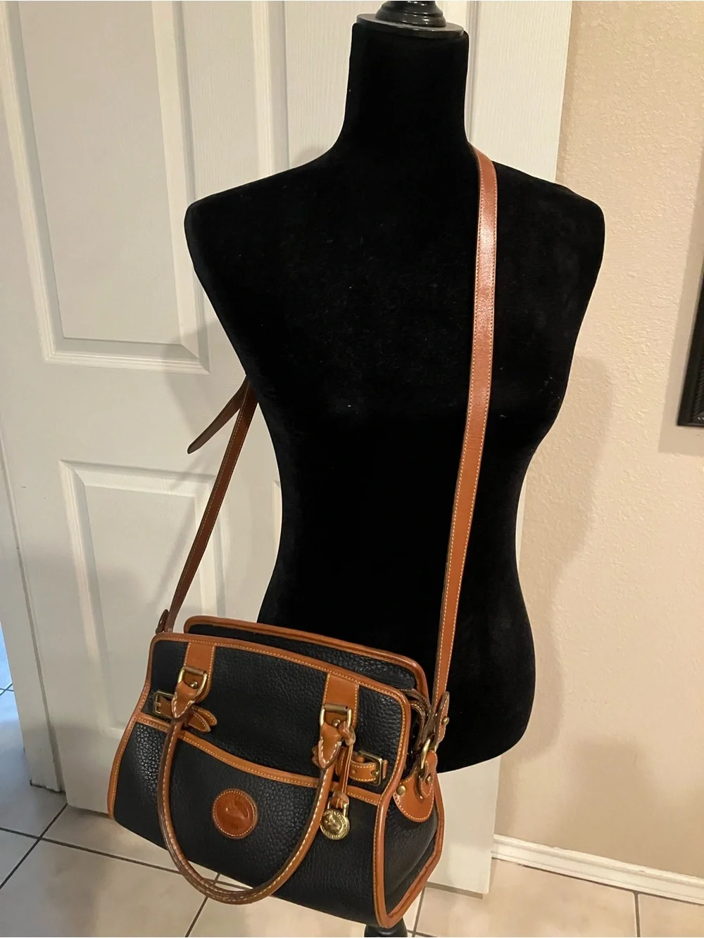 Vintage Dooney & Bourke Black Pebbled Leather Crossbody with Brown Trim